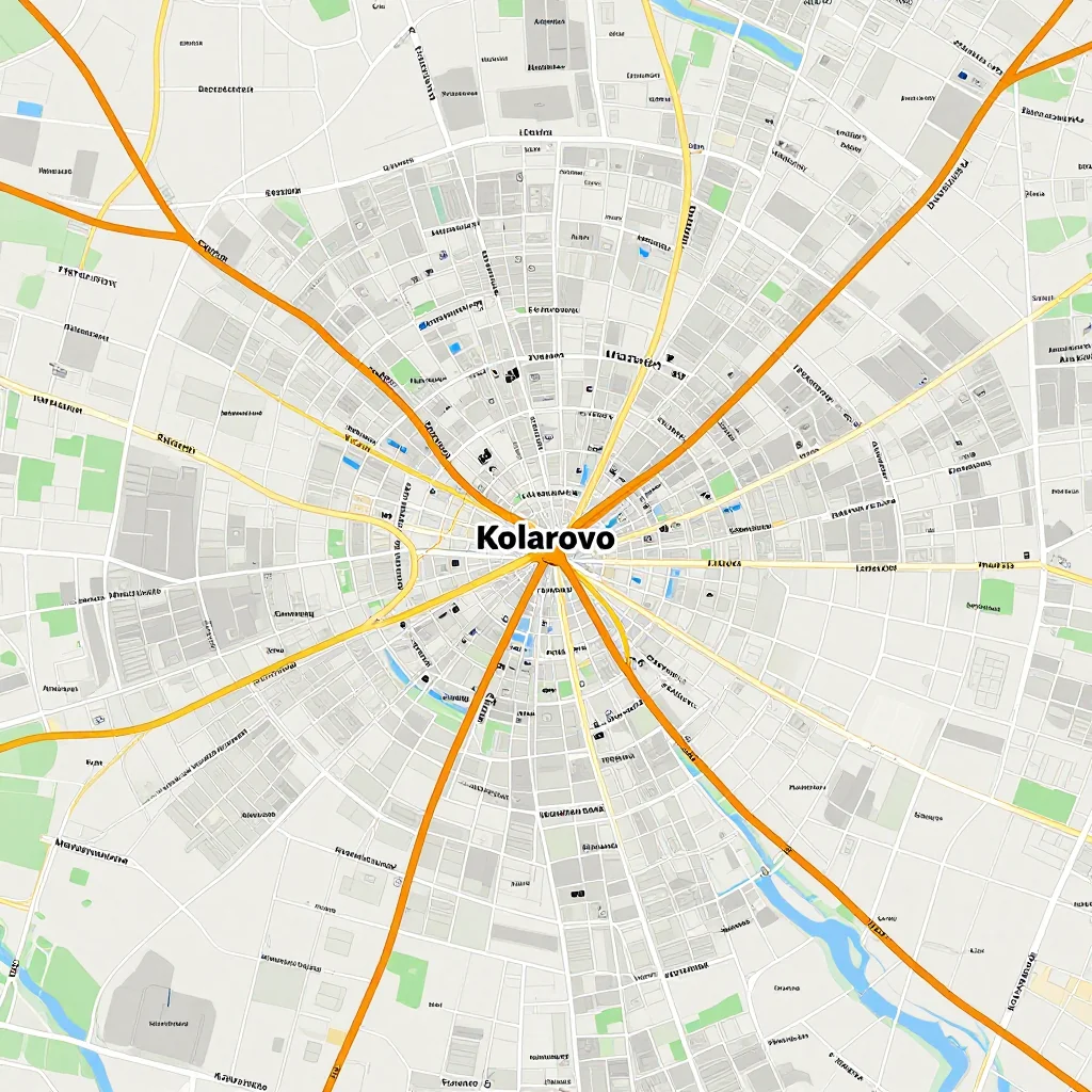 Detailed street map showing roads, highways, neighborhoods, and urban layout of Kolarovo, Bulgaria