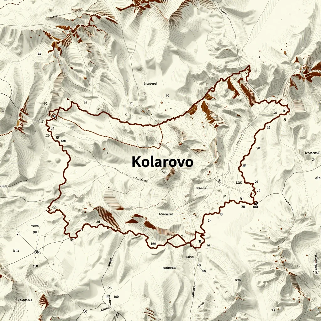 3D topographic map showing elevation contours, mountain ranges, and terrain features of Kolarovo, Bulgaria