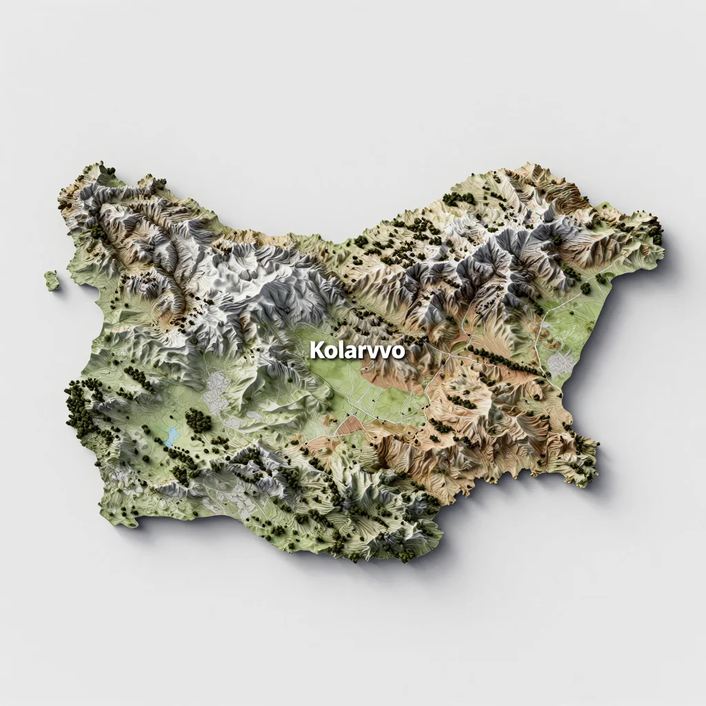 Isometric 3D topographic visualization showing elevation and terrain of Kolarovo, Bulgaria