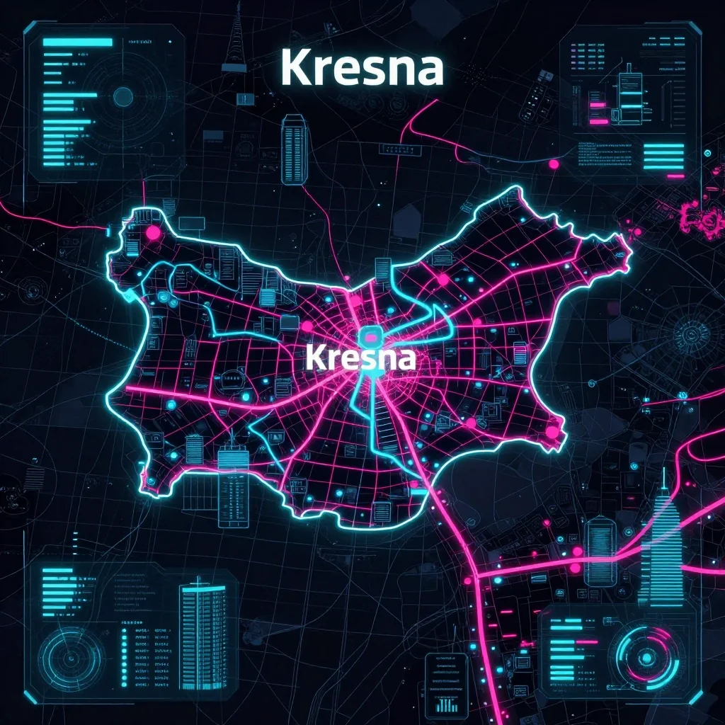 Cyberpunk style digital map of Kresna, Bulgaria with neon grid lines and futuristic UI design