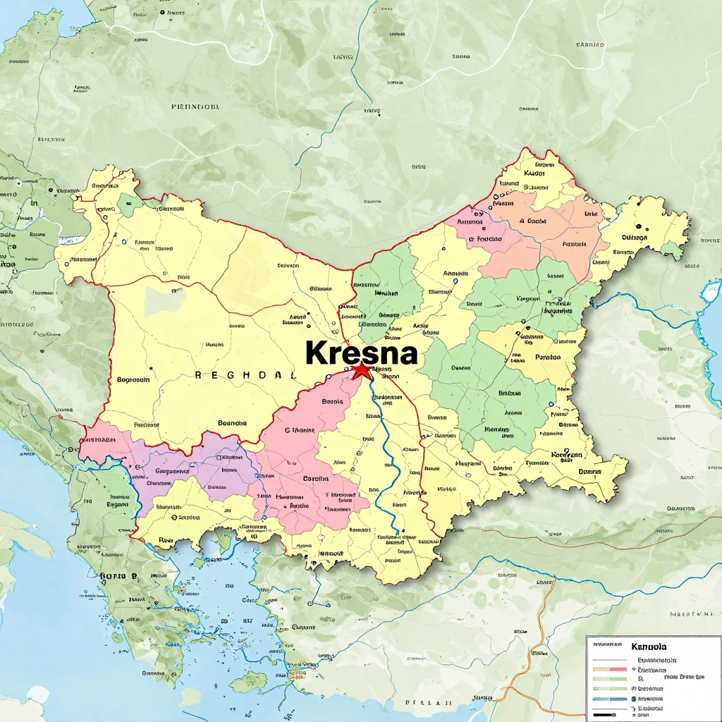 Political map showing borders, administrative divisions, major cities, and capital of Kresna, Bulgaria
