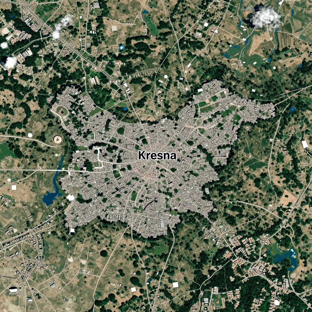High-resolution satellite image of Kresna, Bulgaria showing land cover, urban areas, and natural features from space