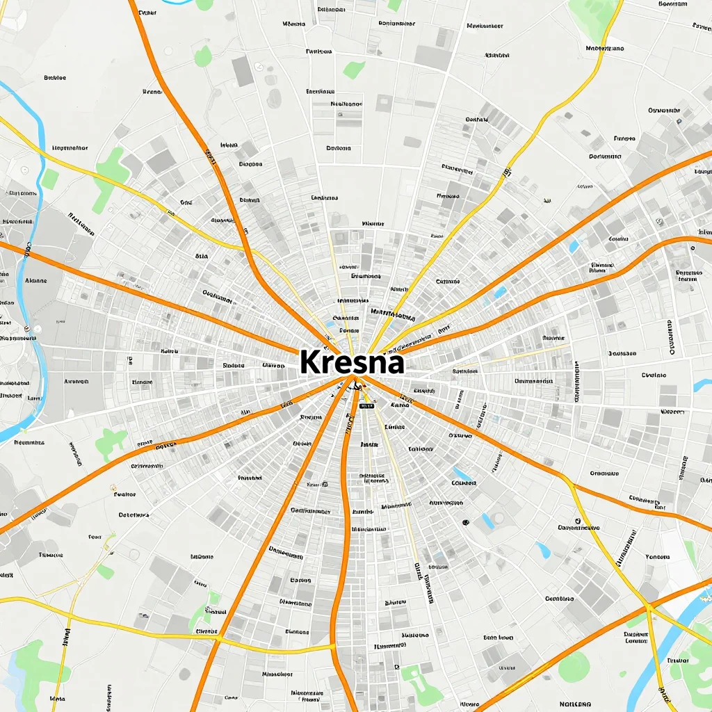 Detailed street map showing roads, highways, neighborhoods, and urban layout of Kresna, Bulgaria