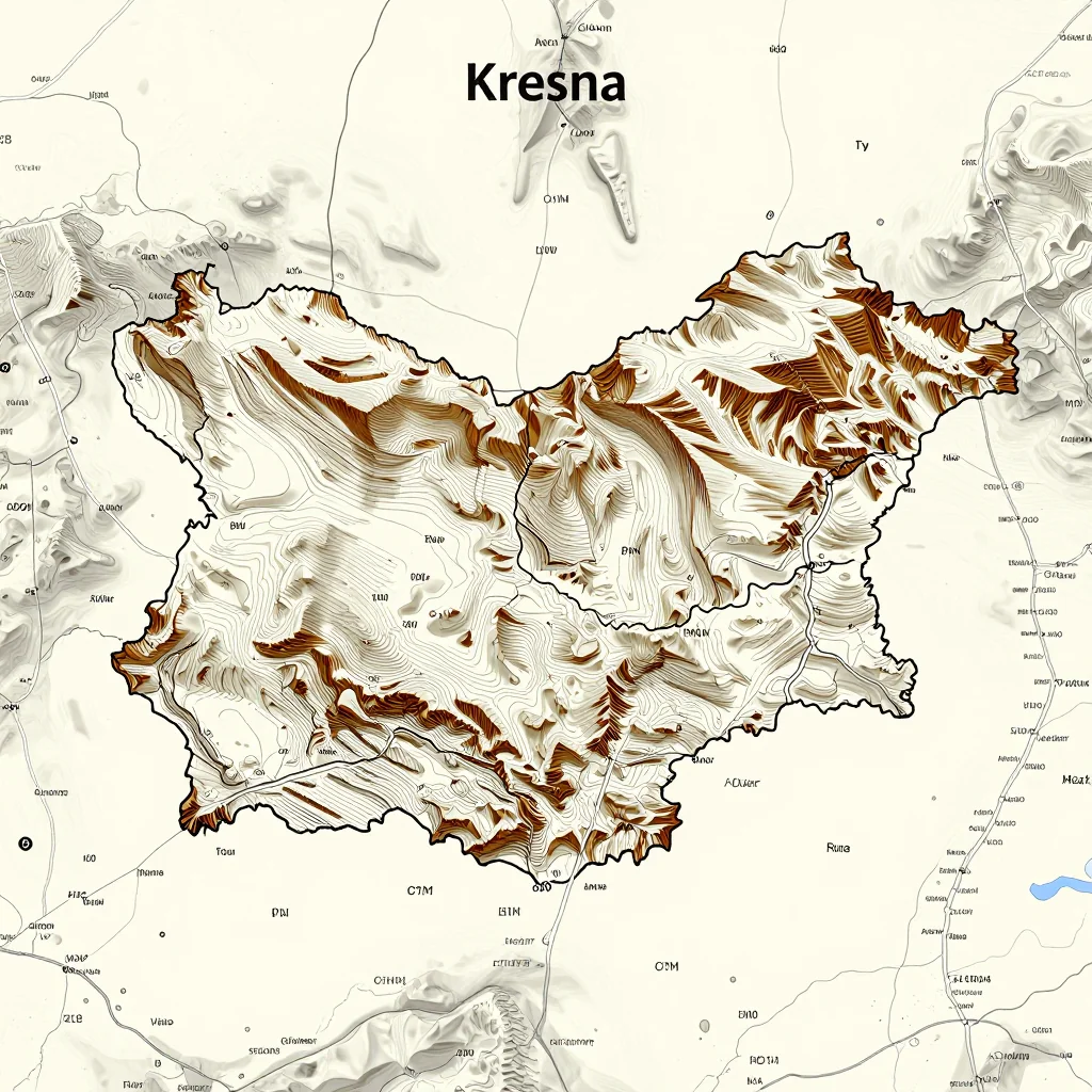 3D topographic map showing elevation contours, mountain ranges, and terrain features of Kresna, Bulgaria