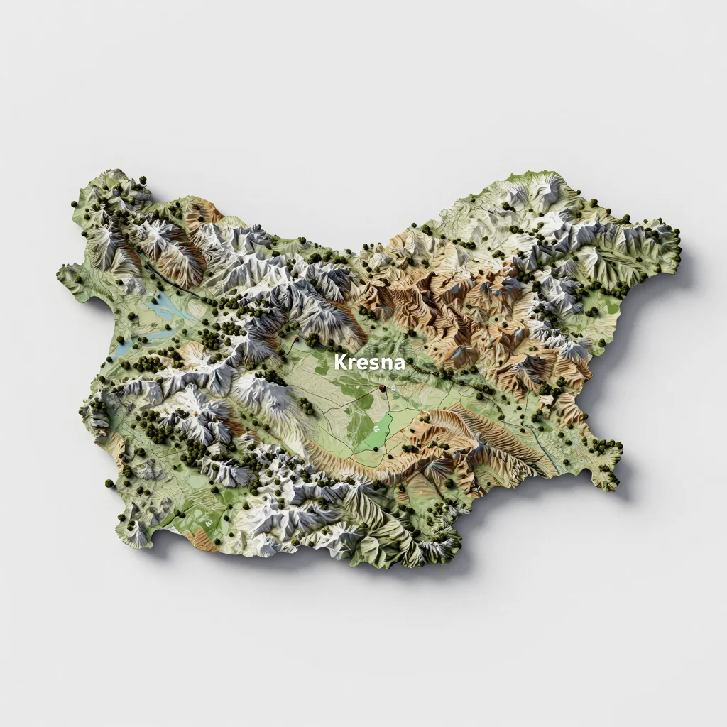 Isometric 3D topographic visualization showing elevation and terrain of Kresna, Bulgaria