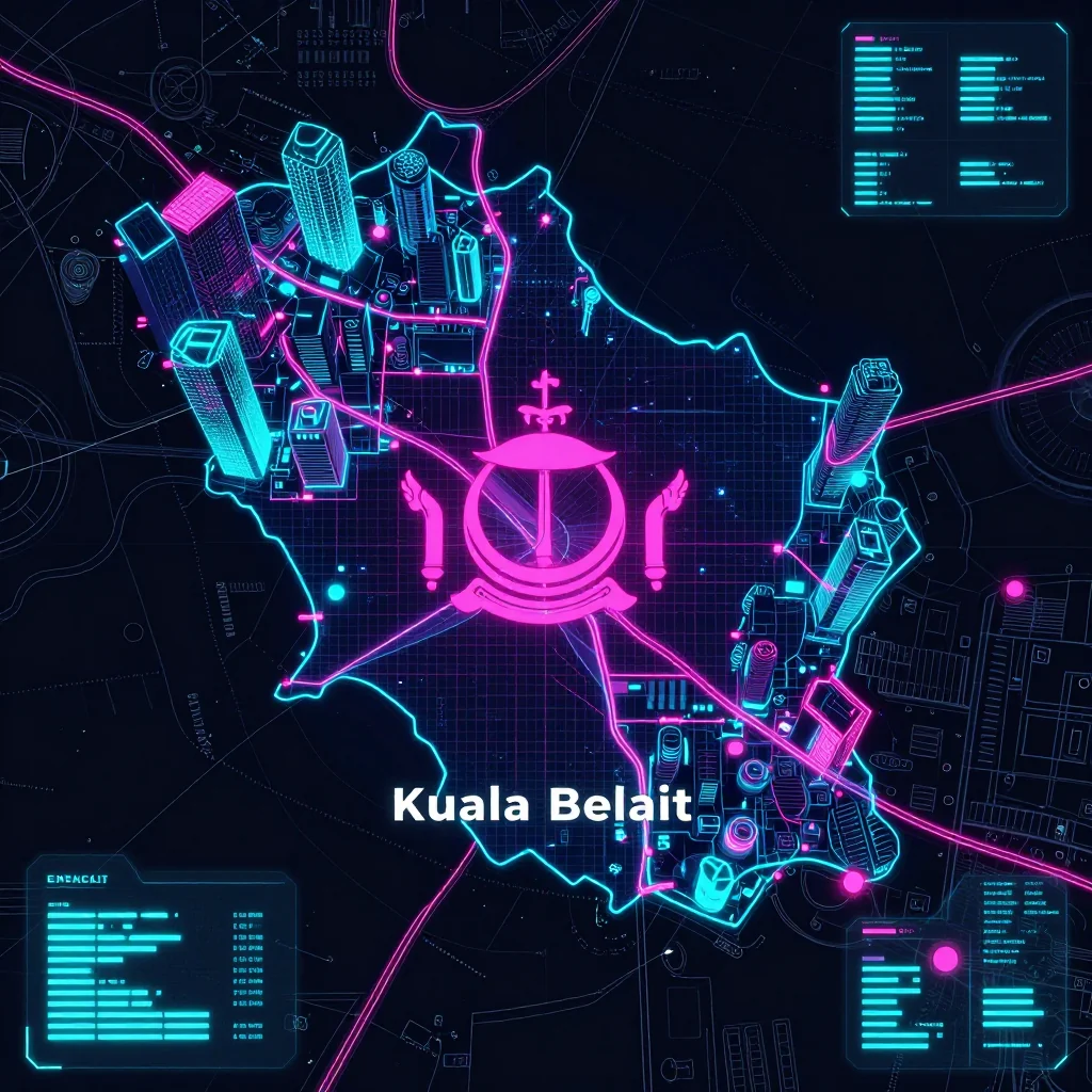 Cyberpunk style digital map of Kuala Belait, Brunei with neon grid lines and futuristic UI design