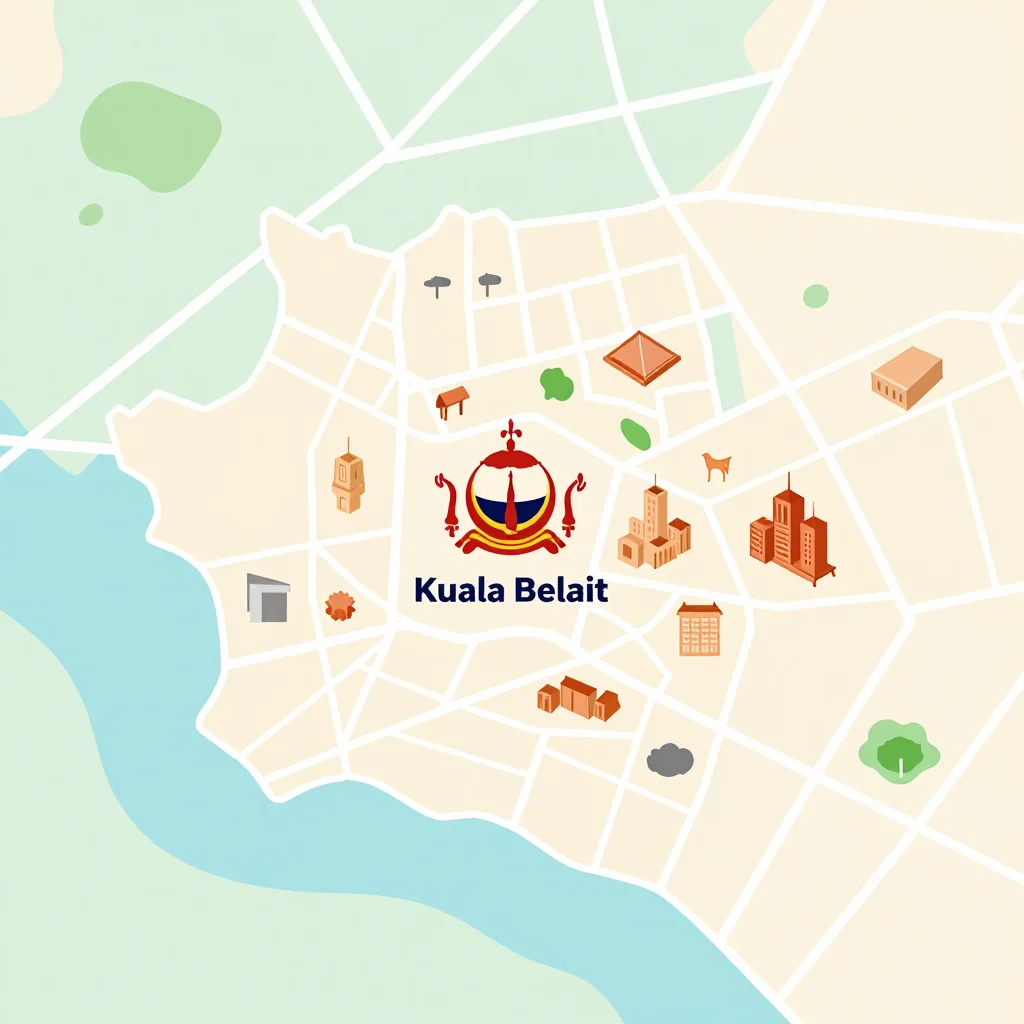 Isometric flat design tourist map of Kuala Belait, Brunei showing landmarks, attractions, and points of interest