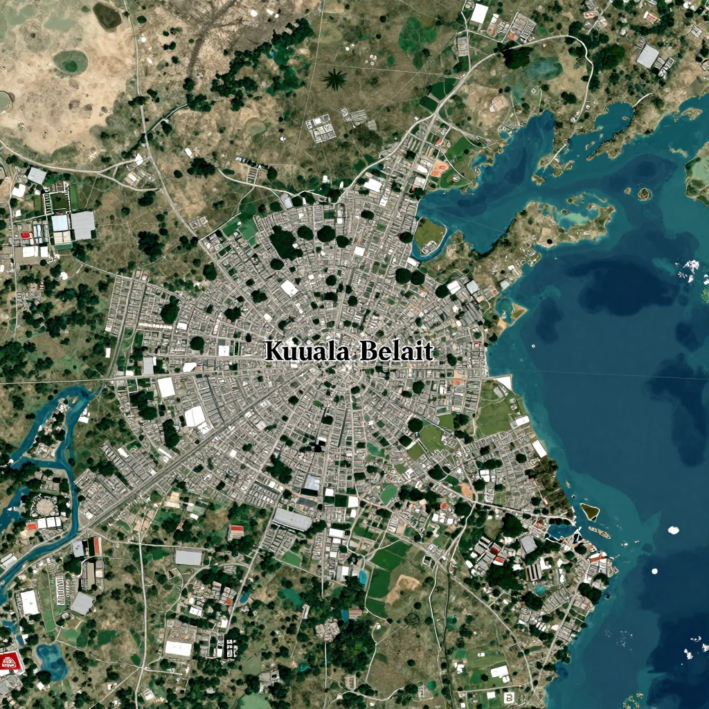 High-resolution satellite image of Kuala Belait, Brunei showing land cover, urban areas, and natural features from space