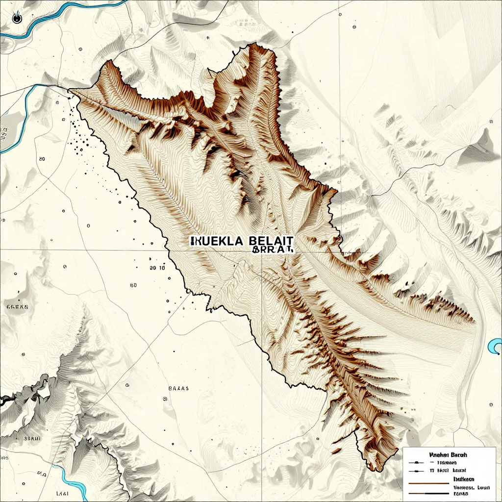 3D topographic map showing elevation contours, mountain ranges, and terrain features of Kuala Belait, Brunei