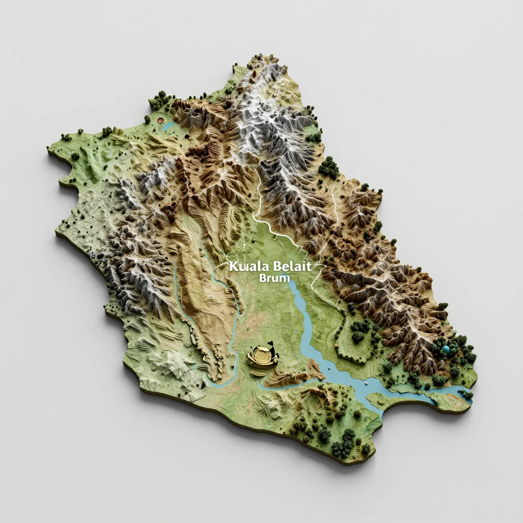 Isometric 3D topographic visualization showing elevation and terrain of Kuala Belait, Brunei