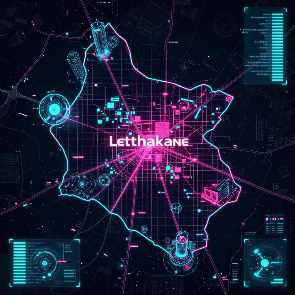 Futuristic Cyberpunk Map of Letlhakane, Botswana Cyberpunk style digital map of Letlhakane, Botswana with neon grid lines and futuristic UI design
