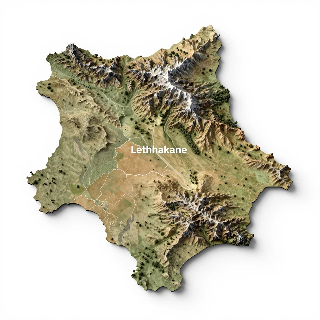 3D Isometric Topographic Map of Letlhakane, Botswana Isometric 3D topographic visualization showing elevation and terrain of Letlhakane, Botswana