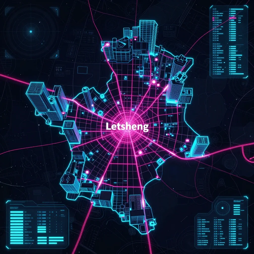Cyberpunk style digital map of Letsheng, Botswana with neon grid lines and futuristic UI design