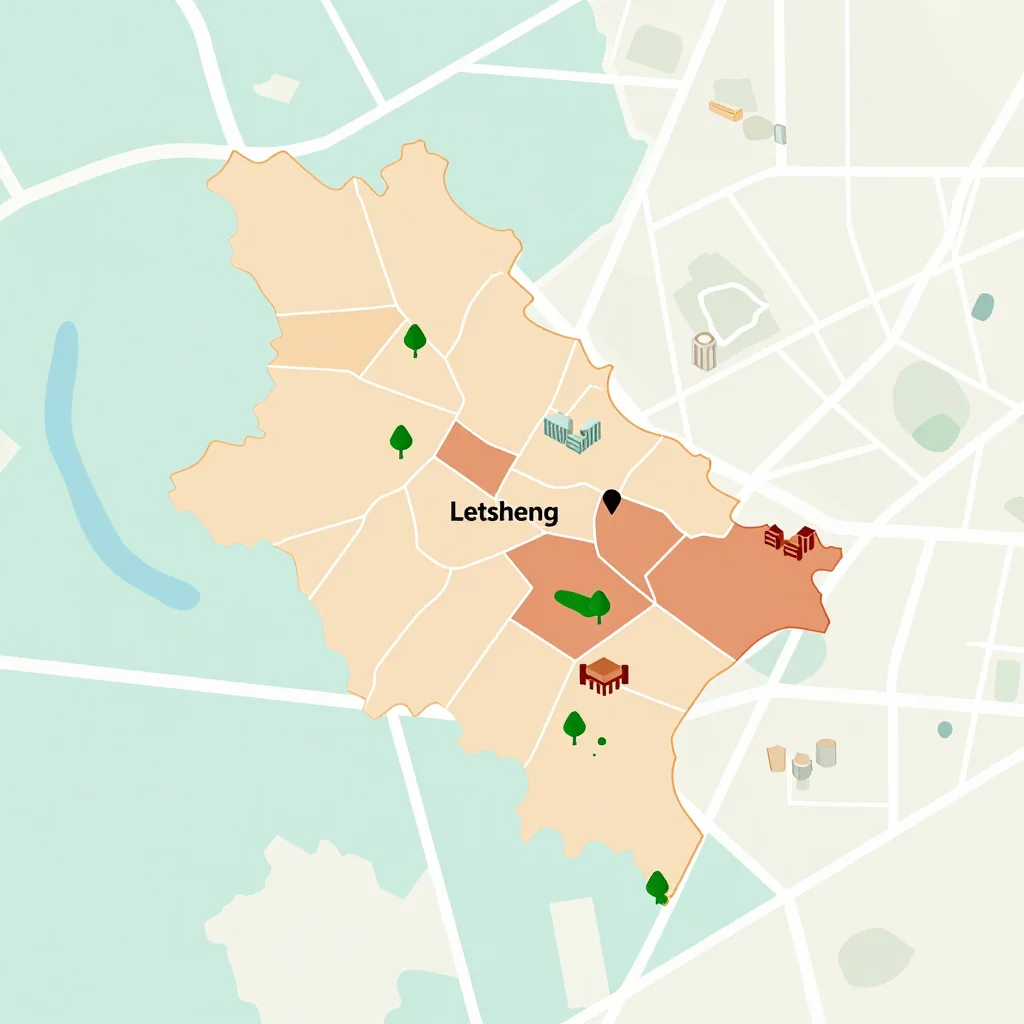 Isometric flat design tourist map of Letsheng, Botswana showing landmarks, attractions, and points of interest