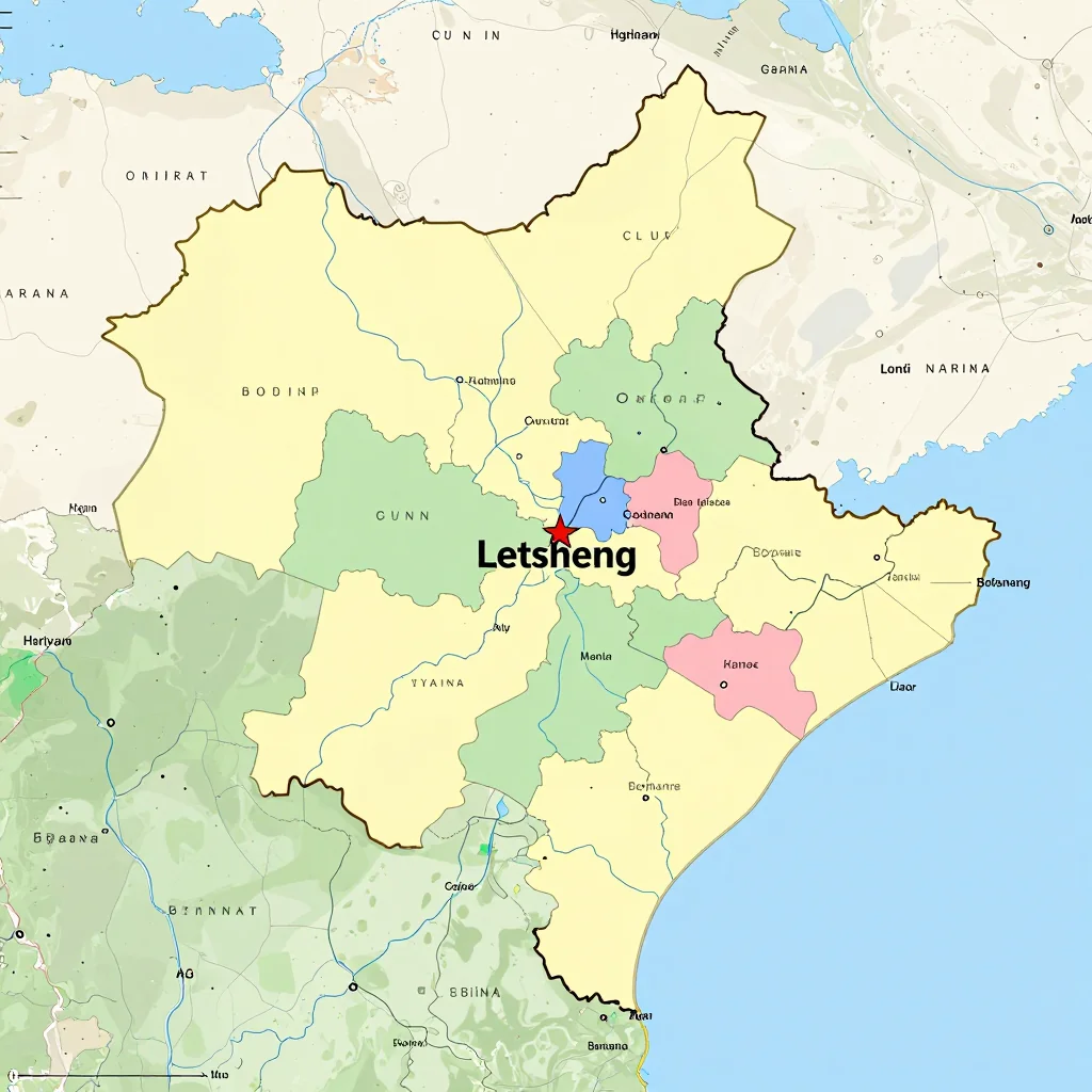 Political map showing borders, administrative divisions, major cities, and capital of Letsheng, Botswana