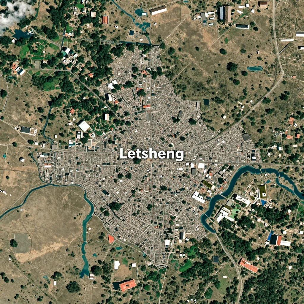 High-resolution satellite image of Letsheng, Botswana showing land cover, urban areas, and natural features from space