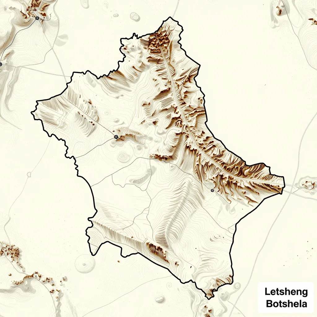 3D topographic map showing elevation contours, mountain ranges, and terrain features of Letsheng, Botswana