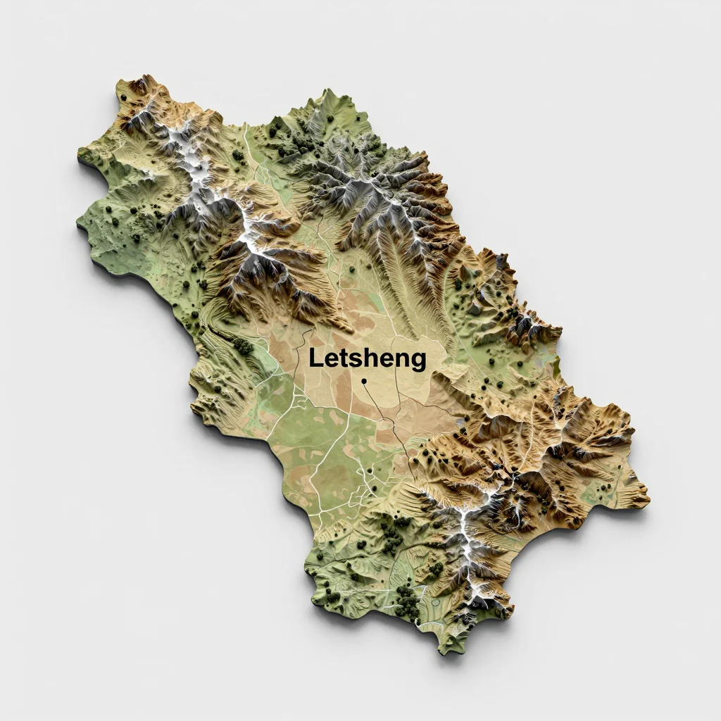 Isometric 3D topographic visualization showing elevation and terrain of Letsheng, Botswana