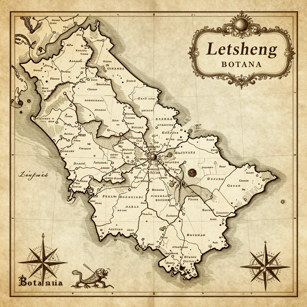 Antique vintage map of Letsheng, Botswana showing historical cartography style