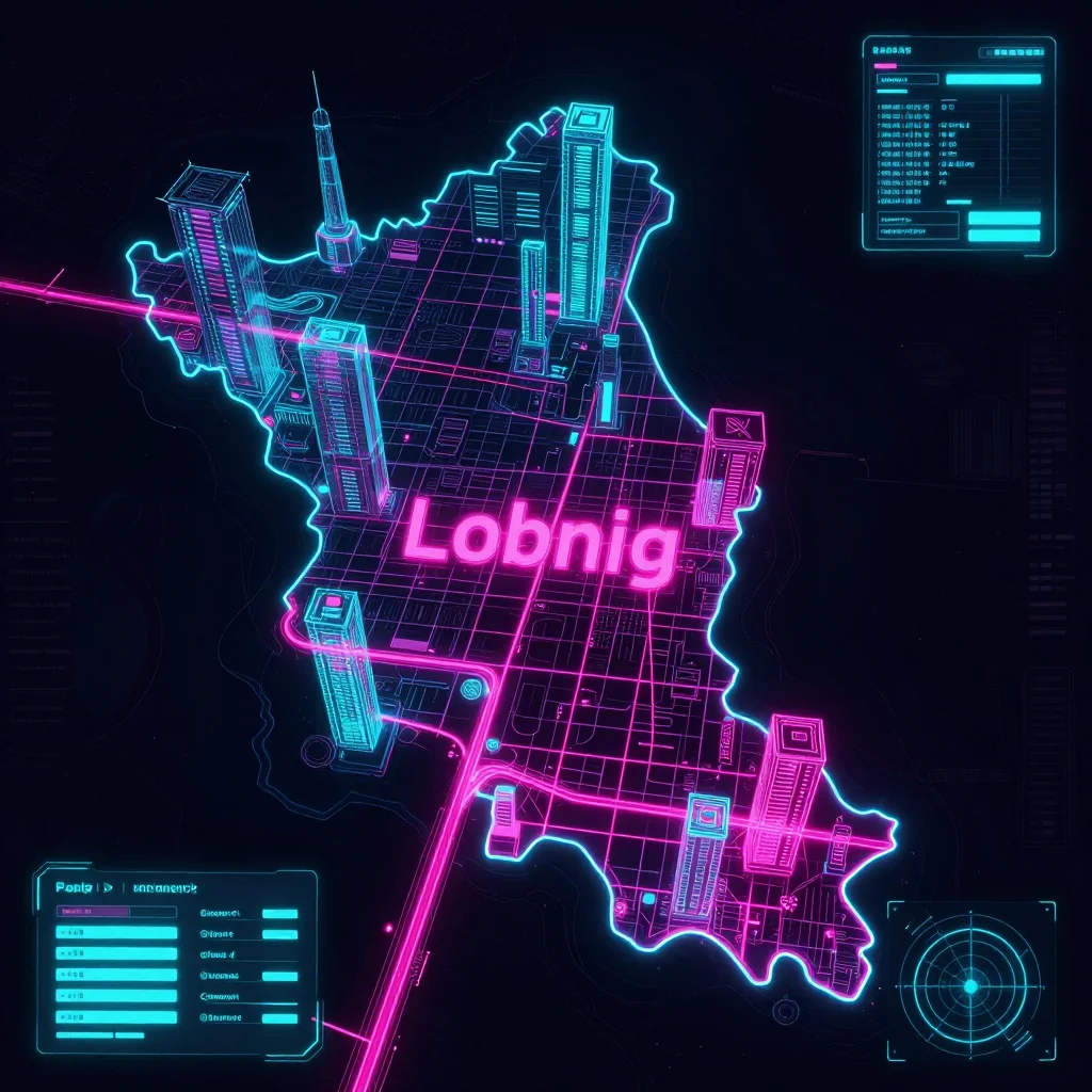 Cyberpunk style digital map of Lobnig, Bhutan with neon grid lines and futuristic UI design