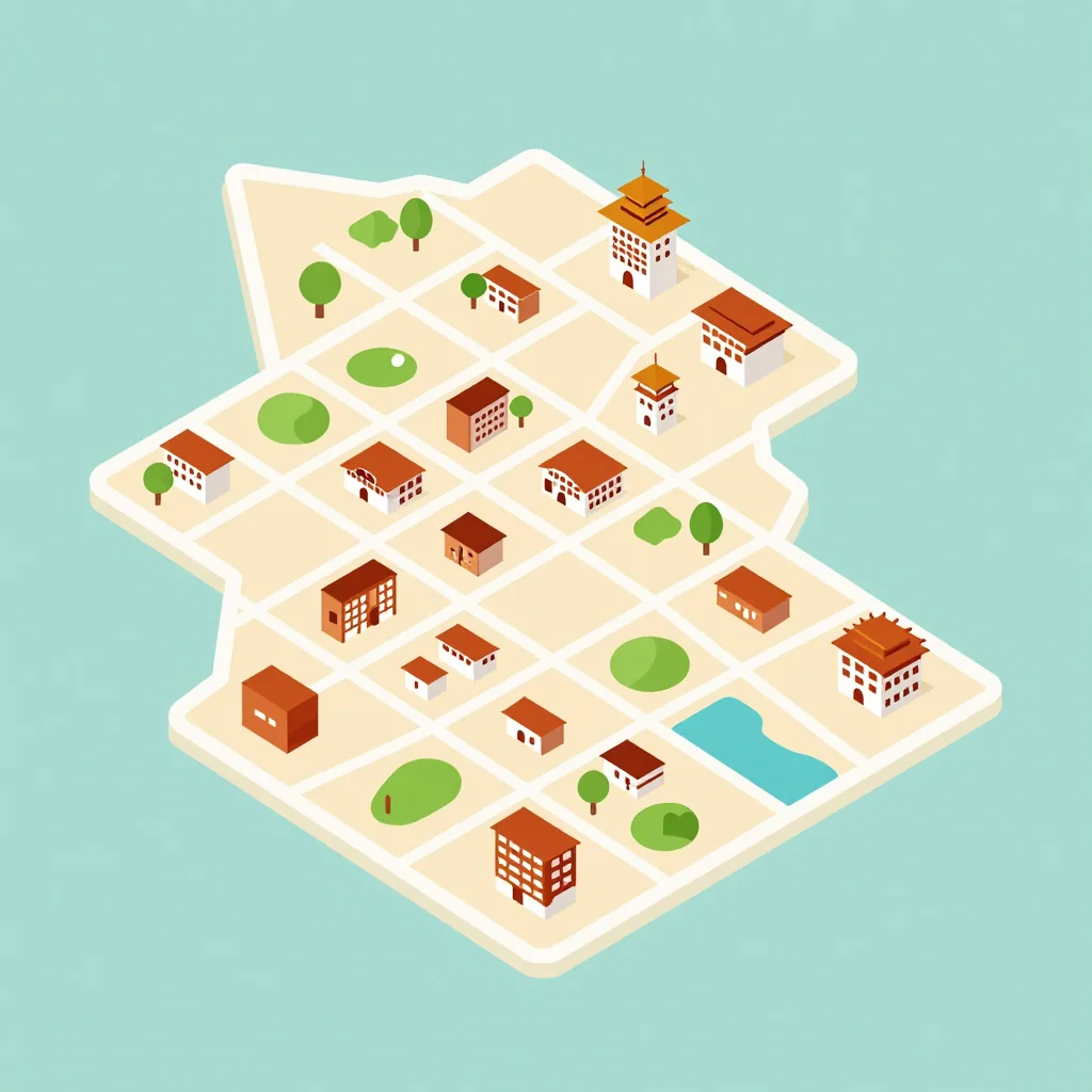 Isometric flat design tourist map of Lobnig, Bhutan showing landmarks, attractions, and points of interest