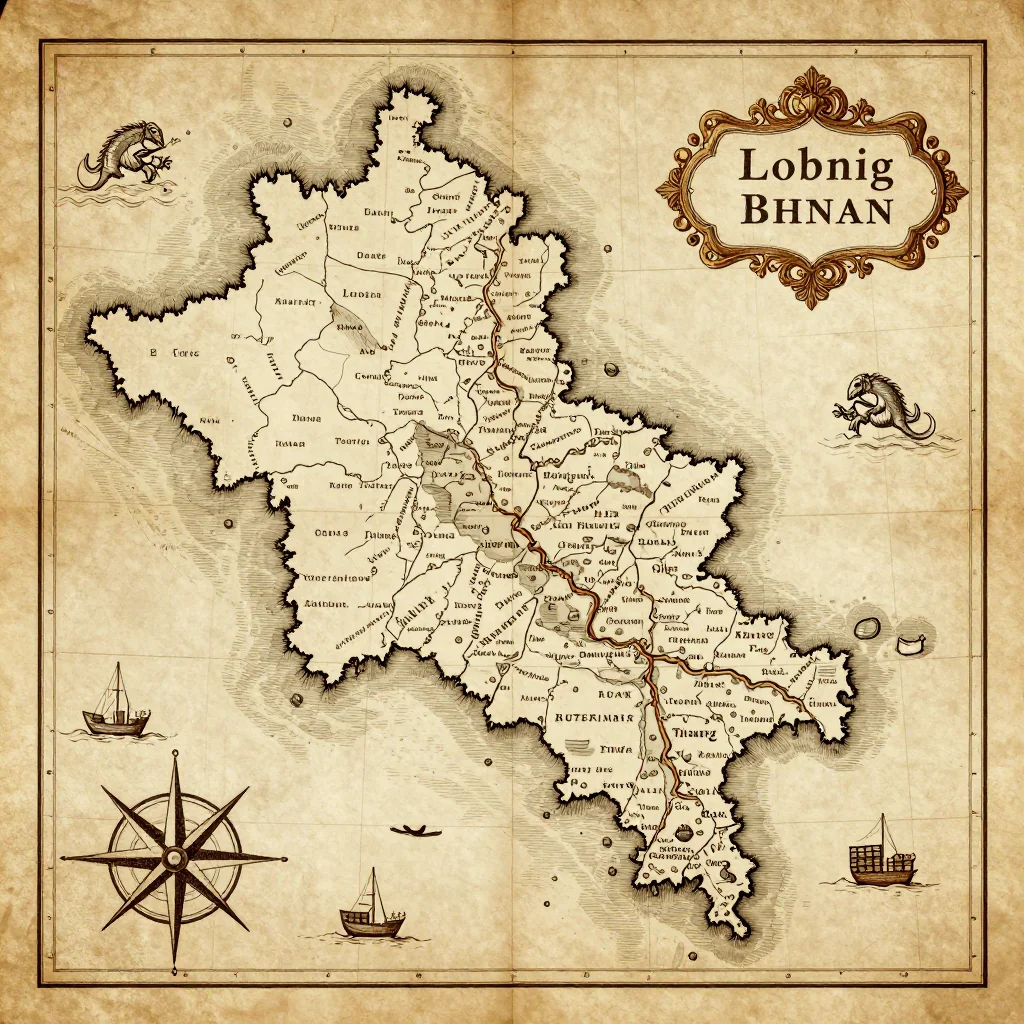 Antique vintage map of Lobnig, Bhutan showing historical cartography style