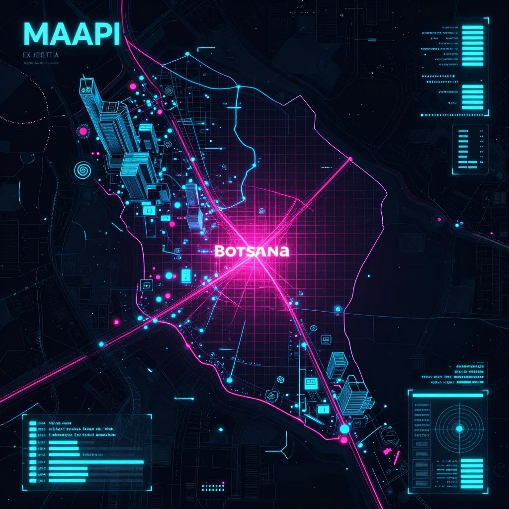 Cyberpunk style digital map of Maapi, Botswana with neon grid lines and futuristic UI design