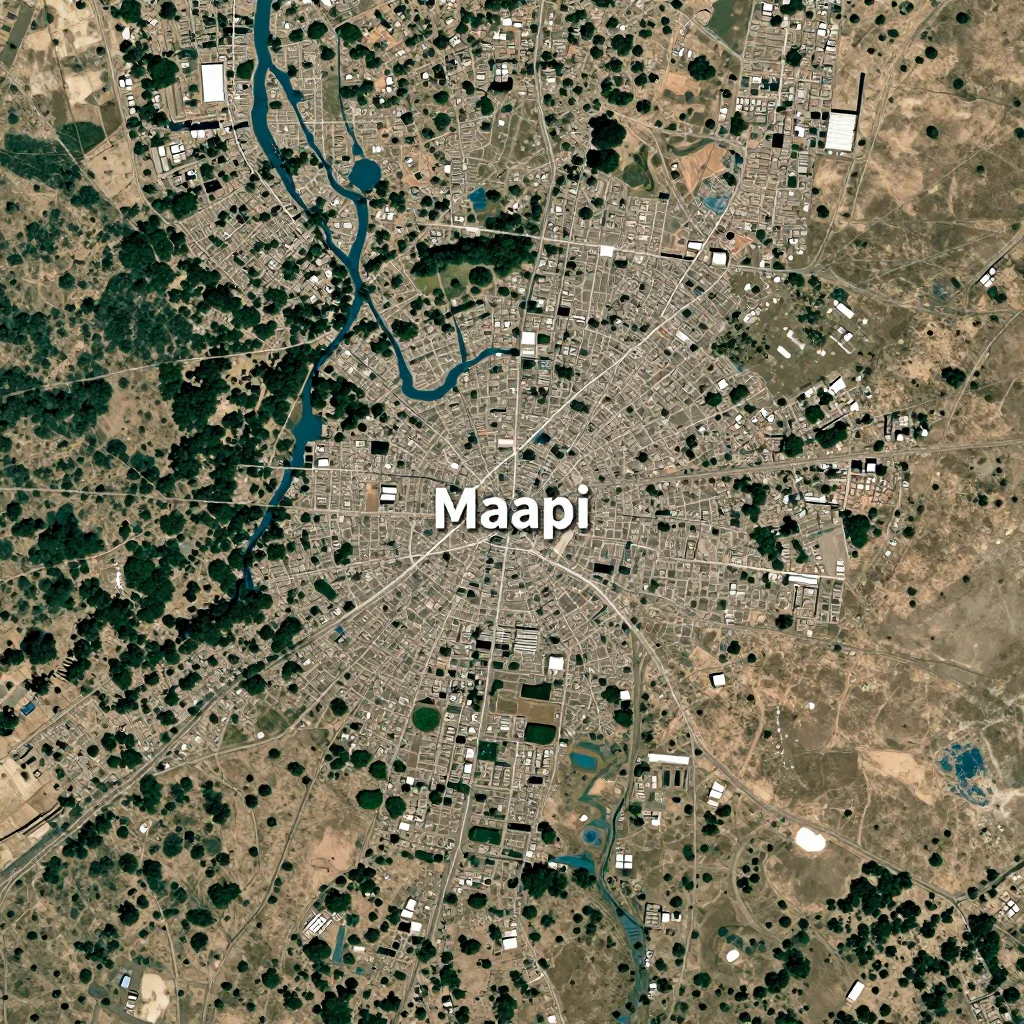 High-resolution satellite image of Maapi, Botswana showing land cover, urban areas, and natural features from space