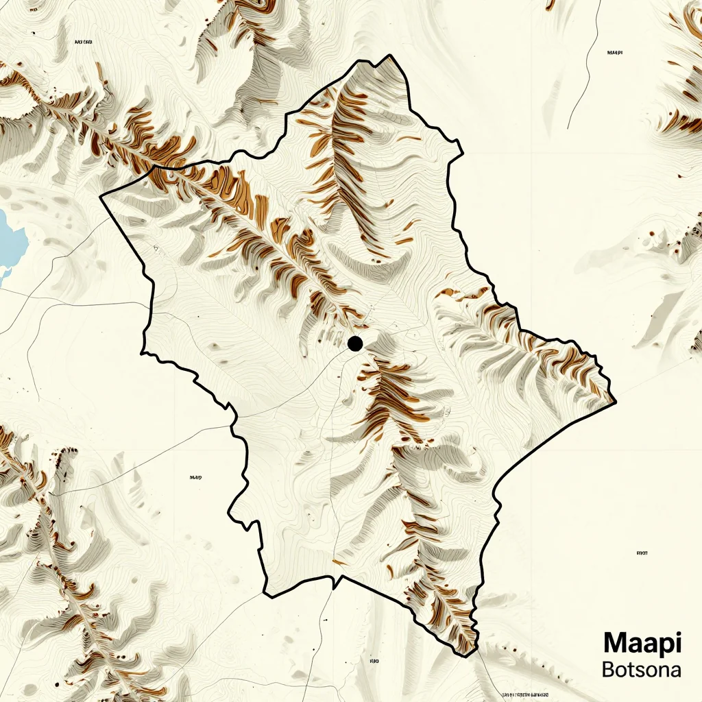 3D topographic map showing elevation contours, mountain ranges, and terrain features of Maapi, Botswana