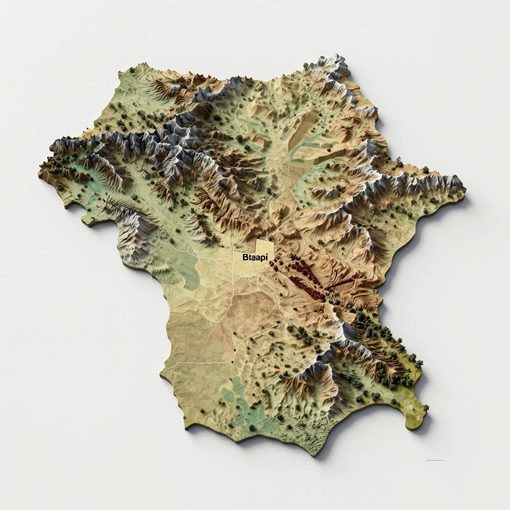 Isometric 3D topographic visualization showing elevation and terrain of Maapi, Botswana