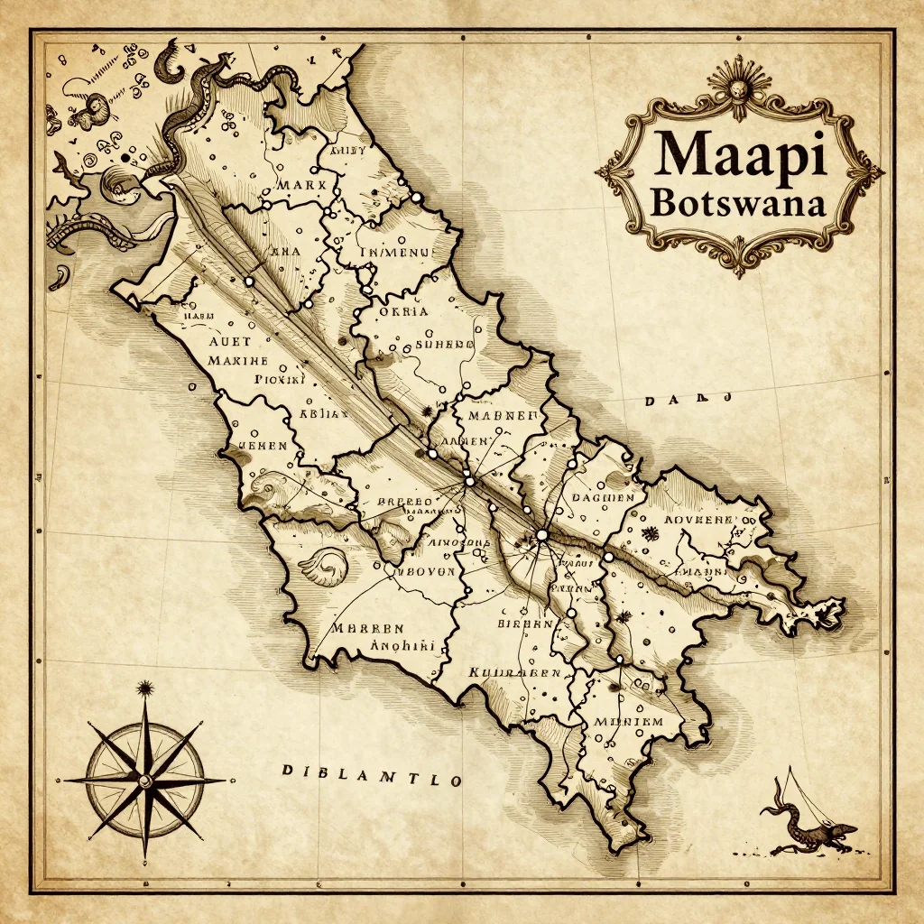 Antique vintage map of Maapi, Botswana showing historical cartography style