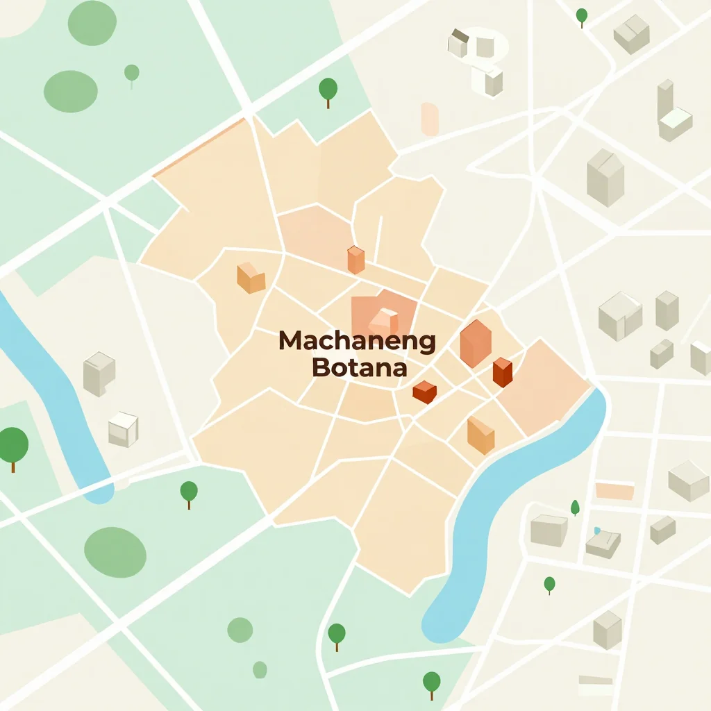 Isometric flat design tourist map of Machaneng, Botswana showing landmarks, attractions, and points of interest