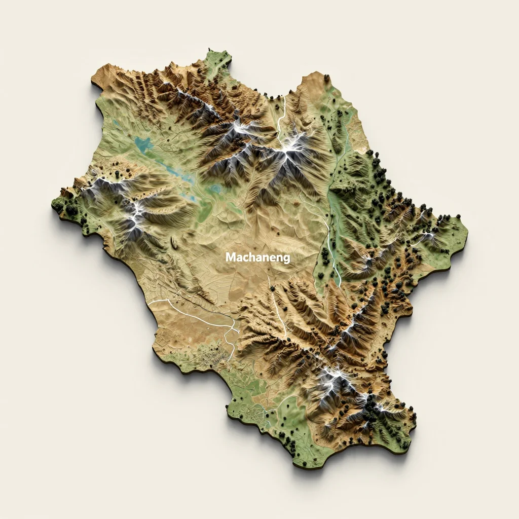 Isometric 3D topographic visualization showing elevation and terrain of Machaneng, Botswana