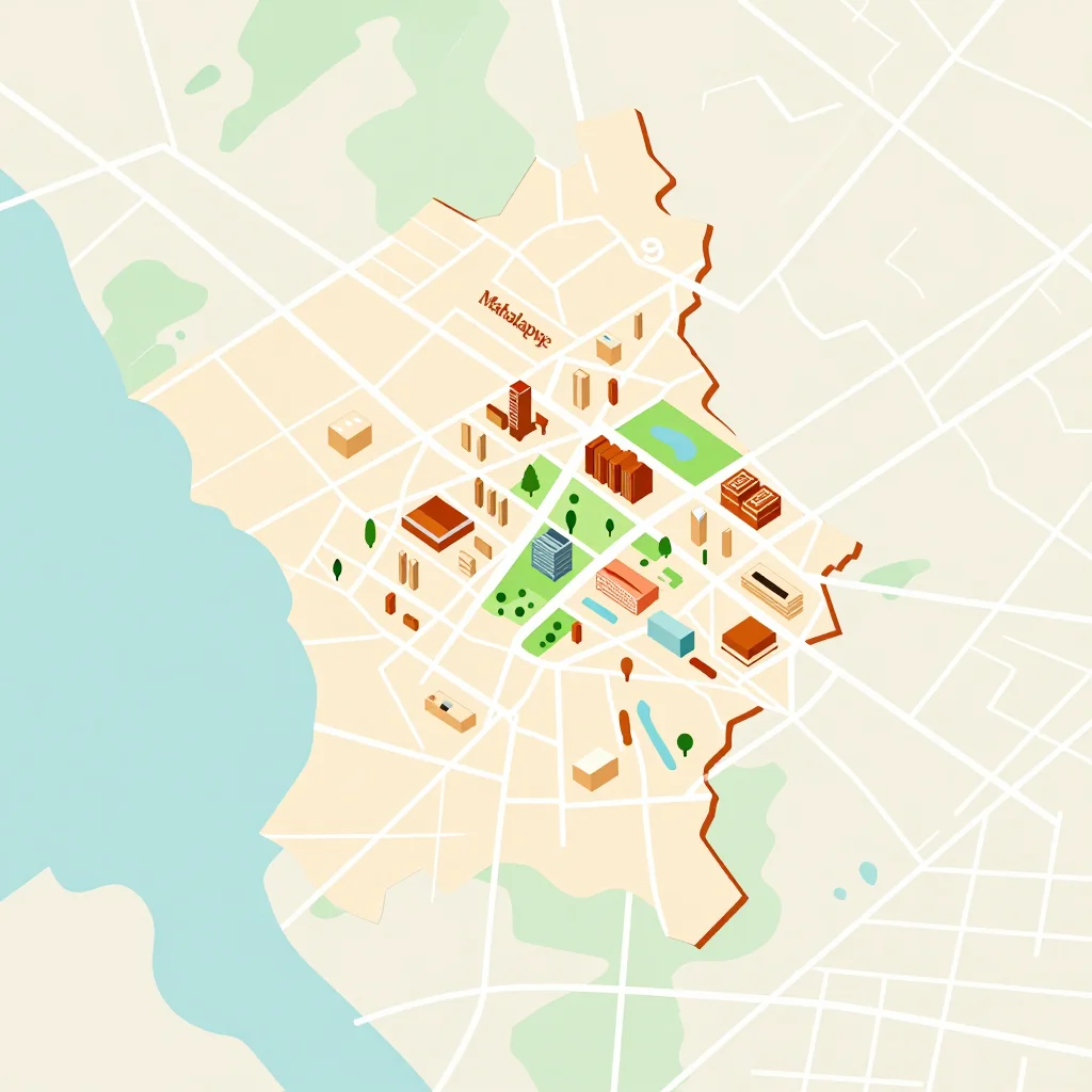 Isometric Tourist Map of Mahalapye, Botswana - Flat Design Isometric flat design tourist map of Mahalapye, Botswana showing landmarks, attractions, and points of interest