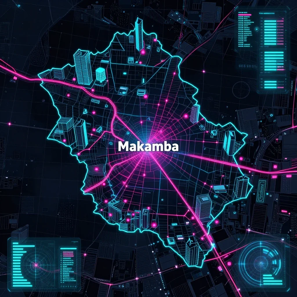 Cyberpunk style digital map of Makamba, Burundi with neon grid lines and futuristic UI design