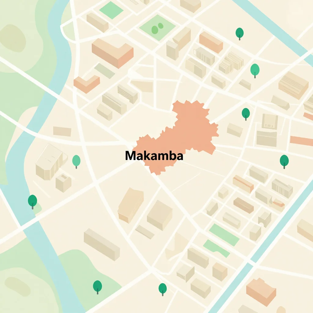 Isometric flat design tourist map of Makamba, Burundi showing landmarks, attractions, and points of interest