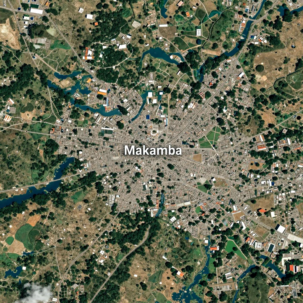 High-resolution satellite image of Makamba, Burundi showing land cover, urban areas, and natural features from space