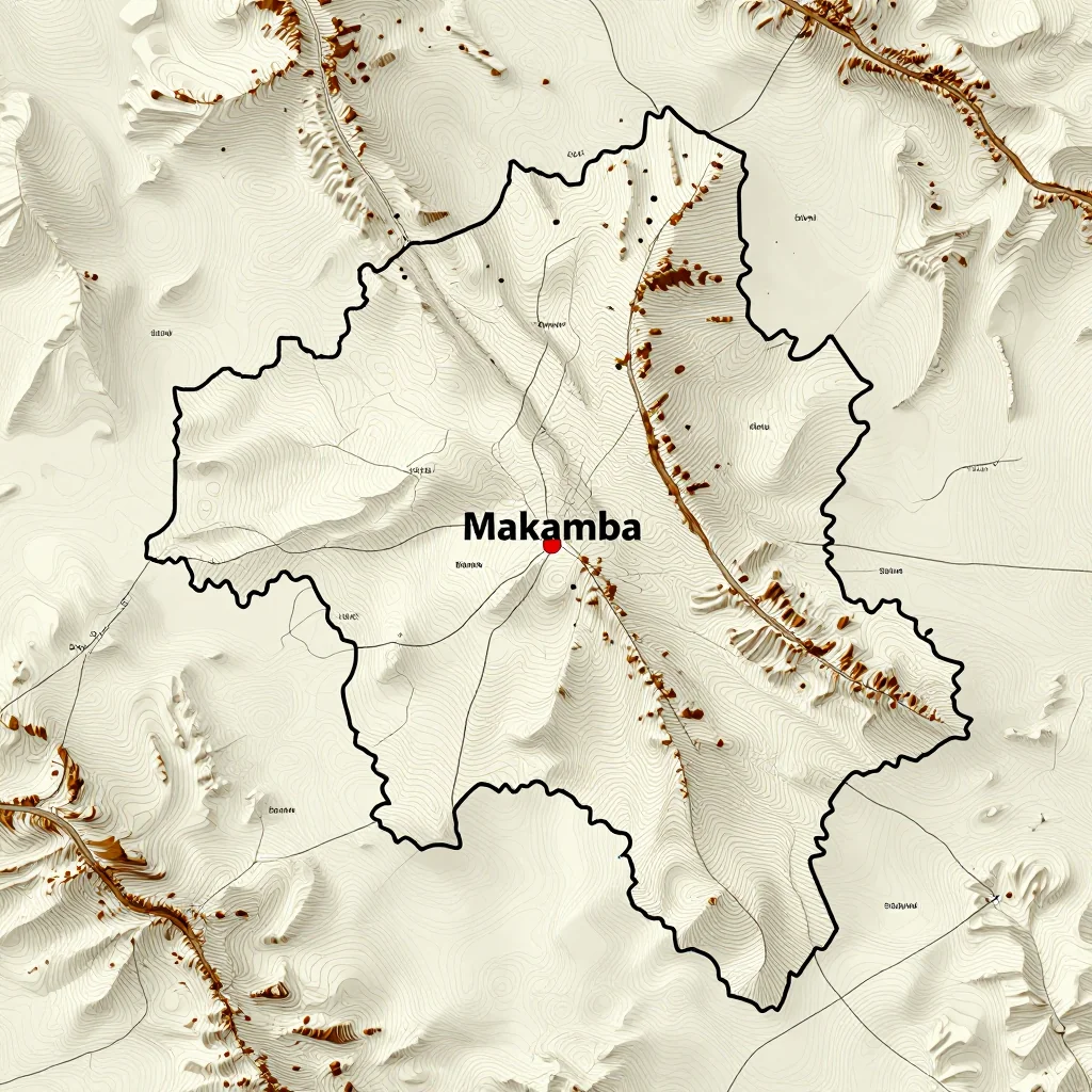 3D topographic map showing elevation contours, mountain ranges, and terrain features of Makamba, Burundi