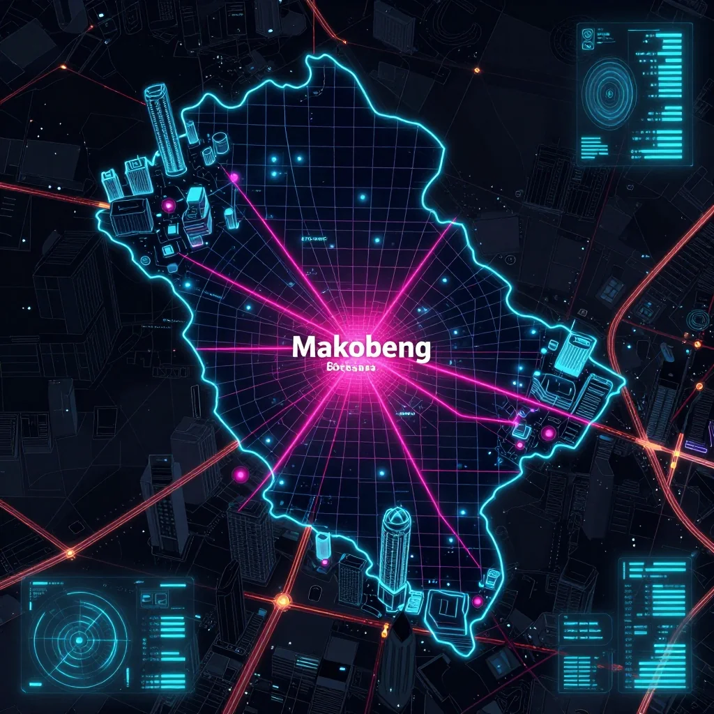 Cyberpunk style digital map of Makobeng, Botswana with neon grid lines and futuristic UI design