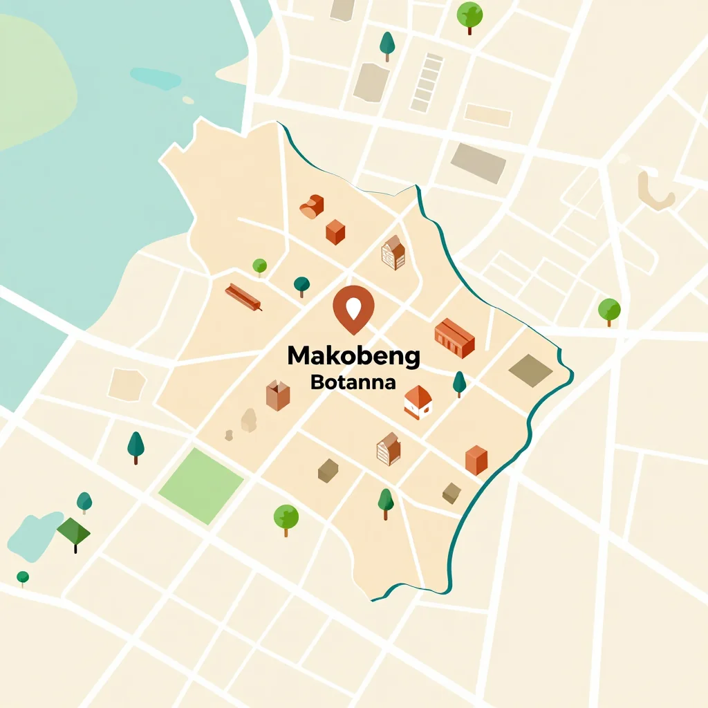 Isometric flat design tourist map of Makobeng, Botswana showing landmarks, attractions, and points of interest