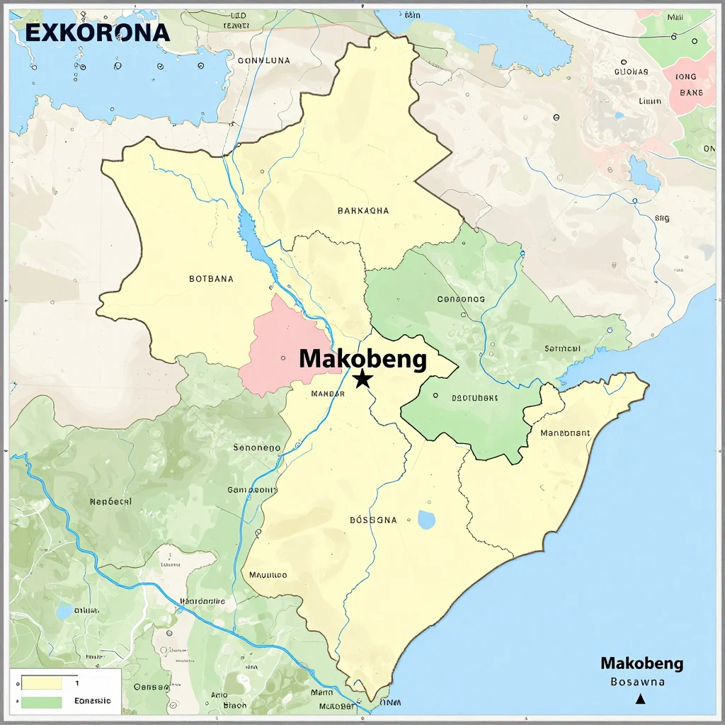 Political map showing borders, administrative divisions, major cities, and capital of Makobeng, Botswana