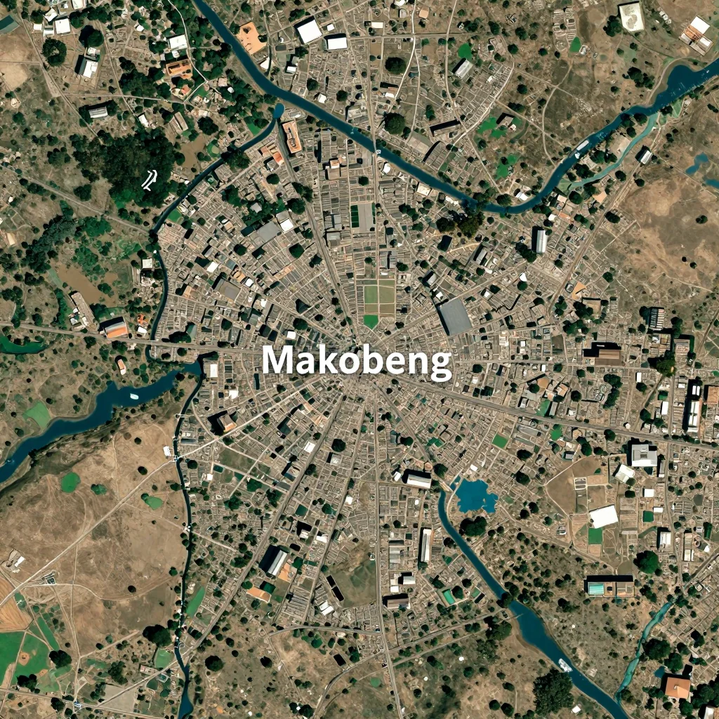 High-resolution satellite image of Makobeng, Botswana showing land cover, urban areas, and natural features from space