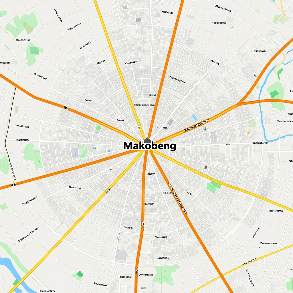 Detailed street map showing roads, highways, neighborhoods, and urban layout of Makobeng, Botswana