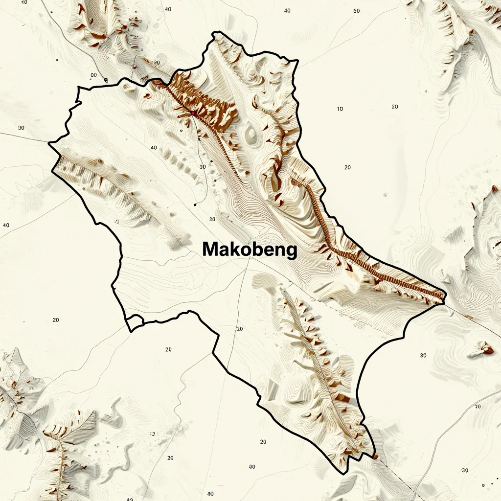 3D topographic map showing elevation contours, mountain ranges, and terrain features of Makobeng, Botswana