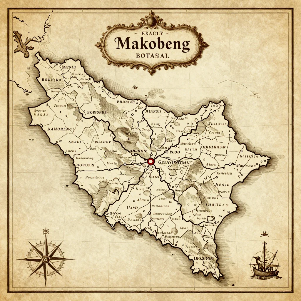 Antique vintage map of Makobeng, Botswana showing historical cartography style