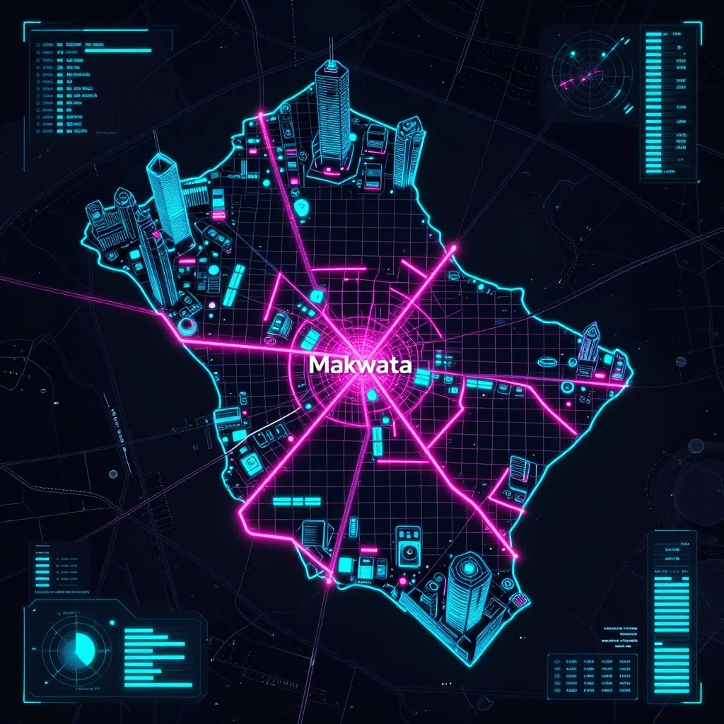 Cyberpunk style digital map of Makwata, Botswana with neon grid lines and futuristic UI design