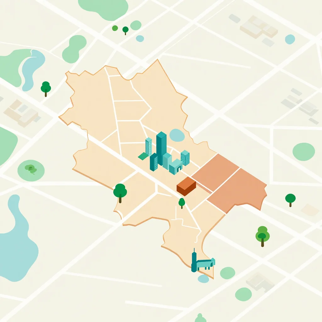 Isometric flat design tourist map of Makwata, Botswana showing landmarks, attractions, and points of interest