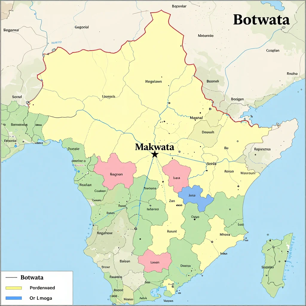 Political map showing borders, administrative divisions, major cities, and capital of Makwata, Botswana