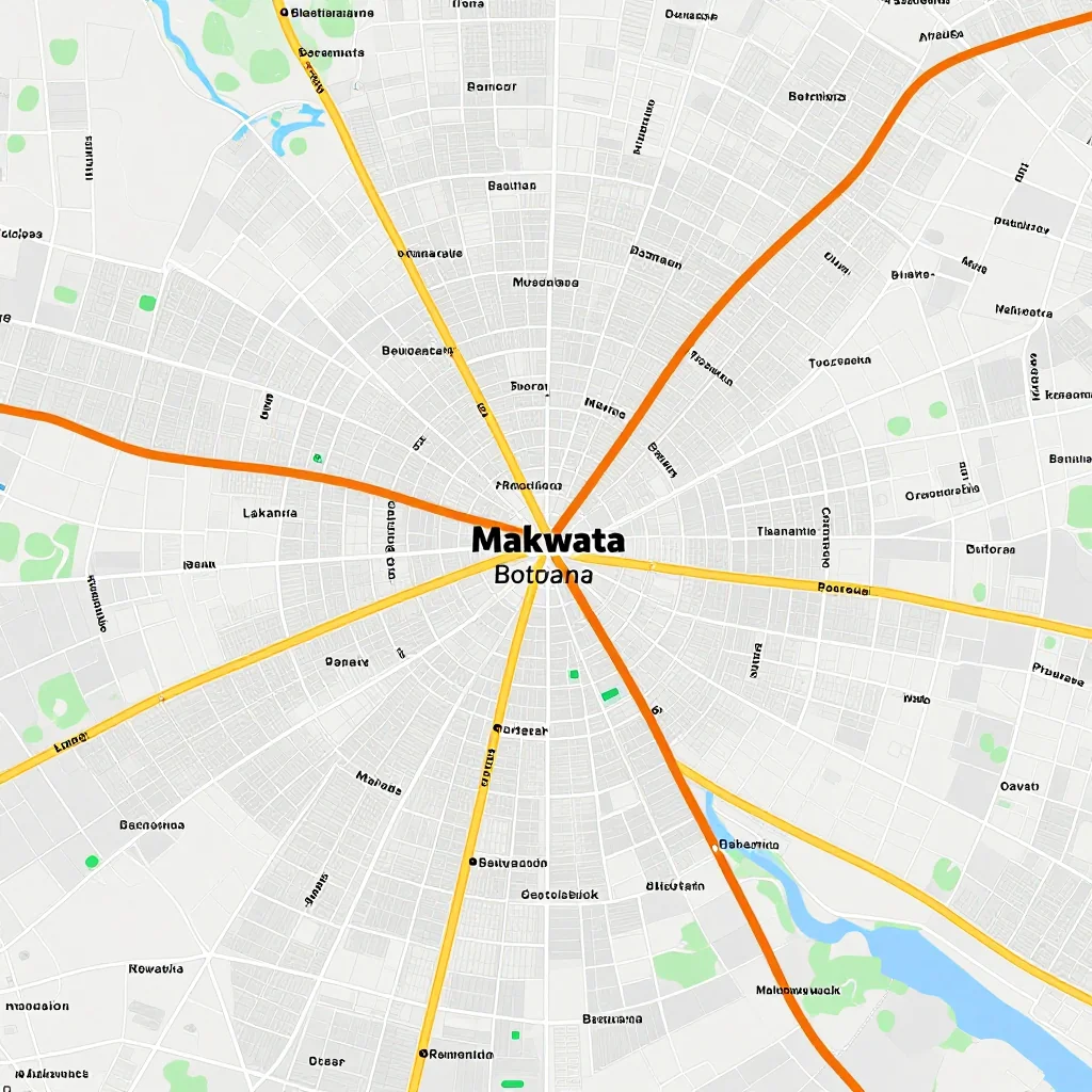 Detailed street map showing roads, highways, neighborhoods, and urban layout of Makwata, Botswana