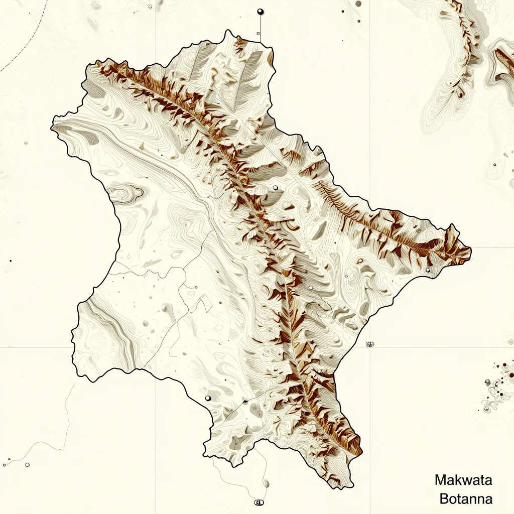 3D topographic map showing elevation contours, mountain ranges, and terrain features of Makwata, Botswana